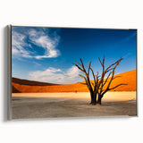 Extra large framed canvas depicting a vintage poster art of Namibian scenery, with vibrant color accents.