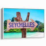 Vintage poster art of Seychelles scenery on framed canvas, featuring vibrant colors, ideal for living room decor.
