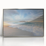 Mid-century modernist art depicting an African savannah scene in muted earth tones on a silver-framed acrylic print.