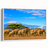 Vintage poster art of a Tanzanian scenery on extra large framed canvas, featuring vibrant colors ideal for living room decor.