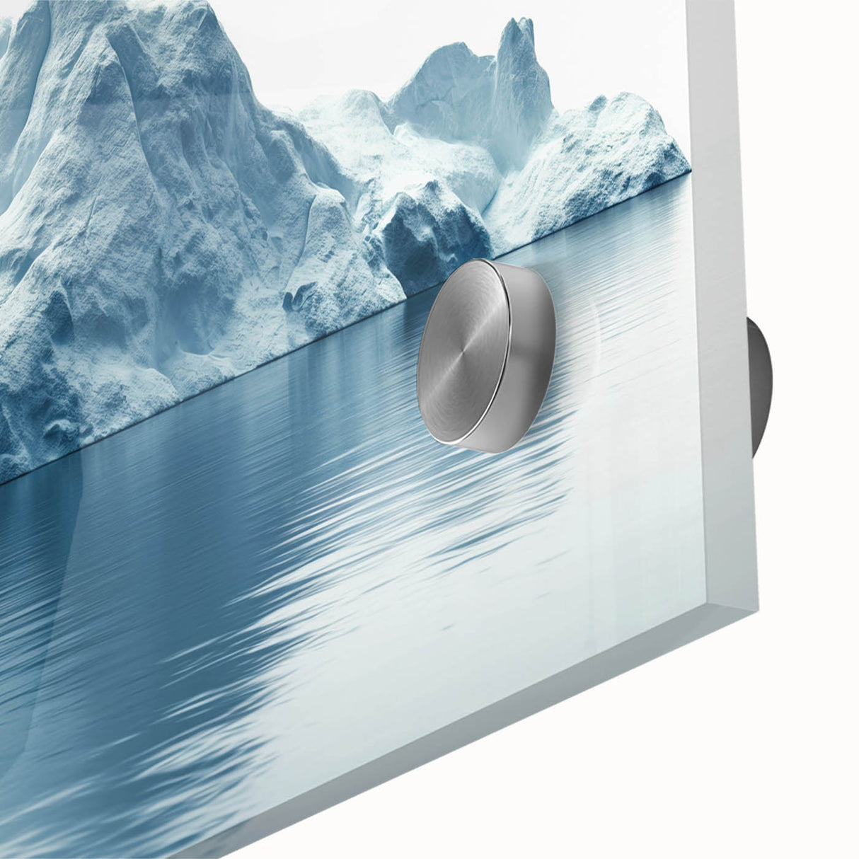 Large abstract wall art depicting an Antarctic landscape in muted blue tones on acrylic glass.