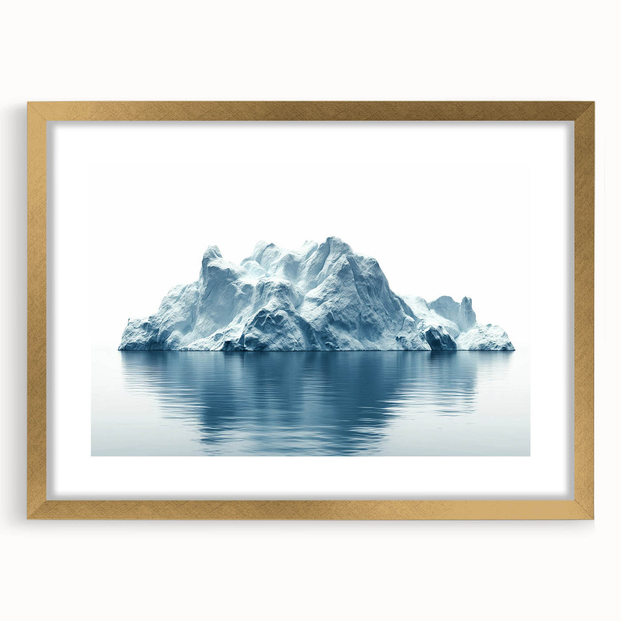 Extra large abstract art print of an Antarctic landscape in muted blue and white tones, framed in gold.