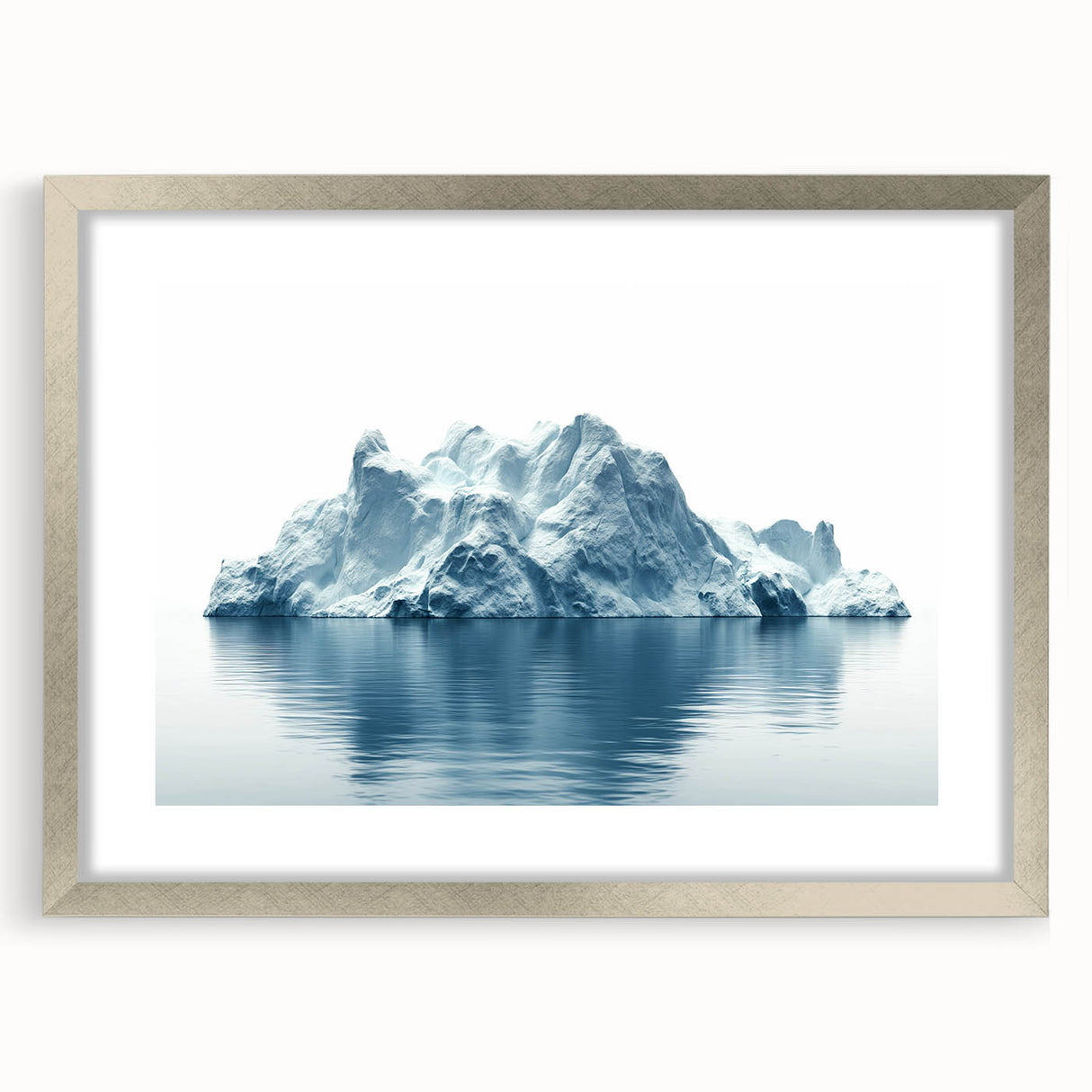 Textured abstract art print of an Antarctic landscape in muted blue and white tones on a framed canvas.