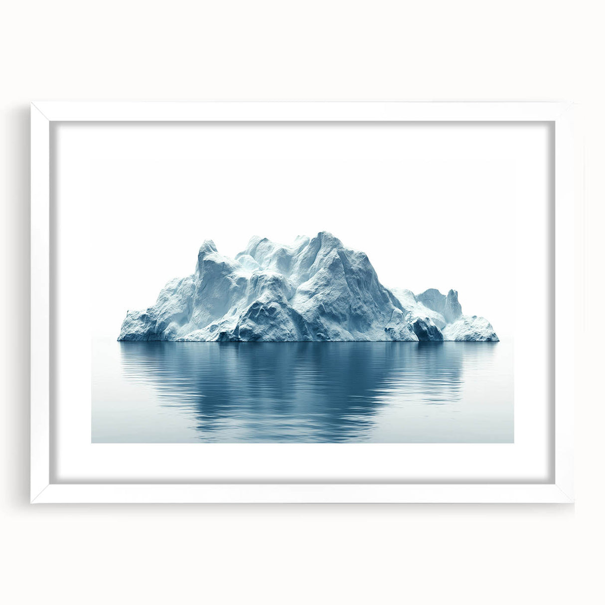 Abstract art print of an Antarctic landscape in muted blue and white tones, framed with a white mat.