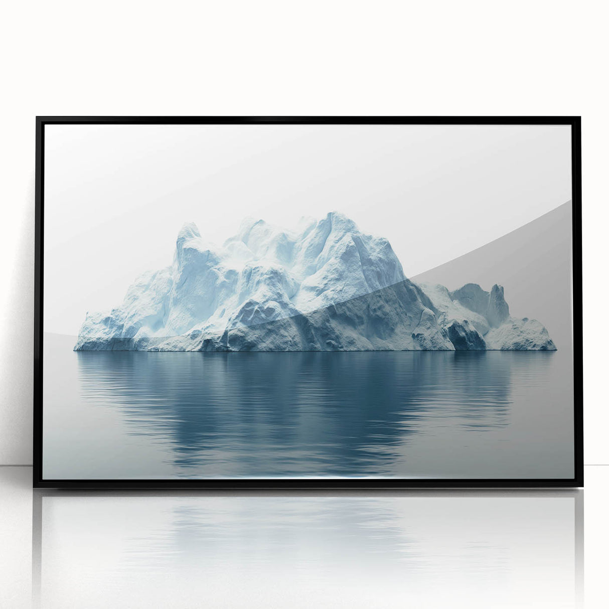Large abstract wall art depicting an Antarctic landscape in muted gray and blue tones on a framed acrylic print.