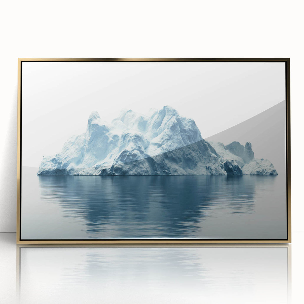 Large art print of an Antarctic landscape in muted blues and whites on a gold-framed acrylic.