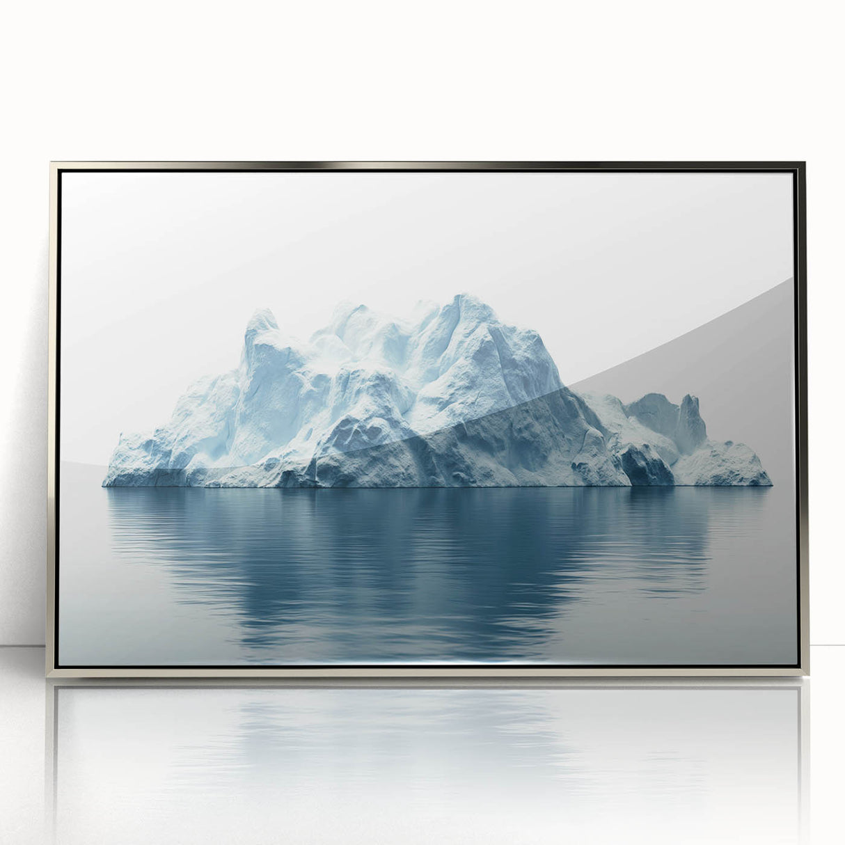 Mid-century modernist art depicting an Antarctic landscape in muted blue and white tones, framed acrylic print.