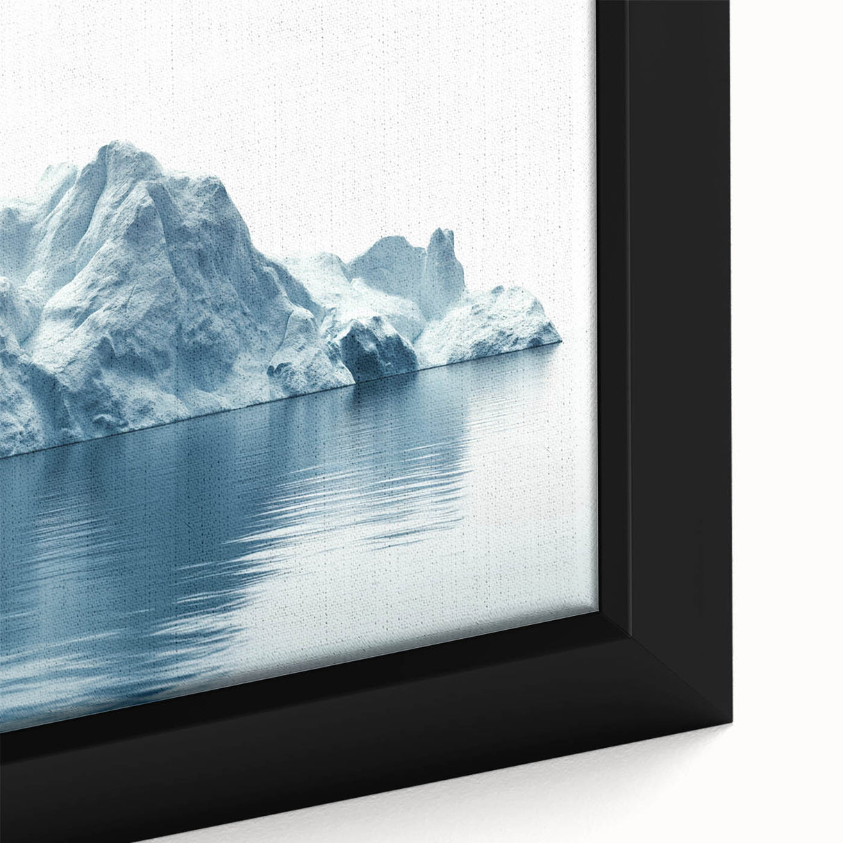 Close-up of a textured black wall art featuring a colorful Antarctic scenery on a framed canvas, ideal for living room decor.