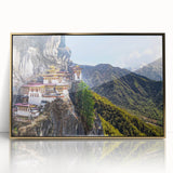 Framed acrylic print of a serene Bhutanese landscape in soft gold and green tones, suitable for modern art wall decor.