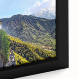 Extra large framed canvas featuring a textured, colorful Bhutanese landscape, ideal for living room decor.