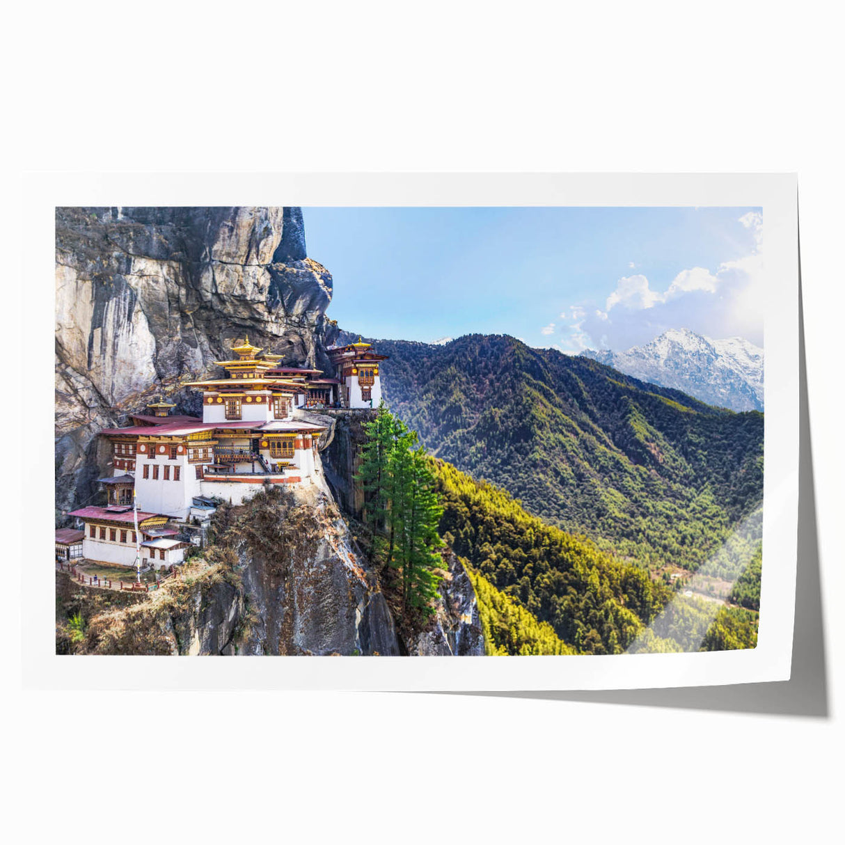 Extra large rolled print of Bhutanese scenery with vibrant floral elements, ideal for art wall dining room.