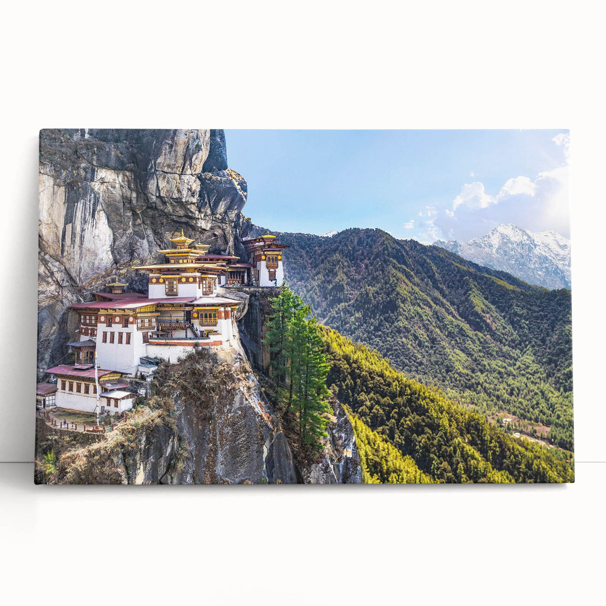 Black and white photo of Bhutanese landscape on stretched canvas, ideal for kitchen wall art.