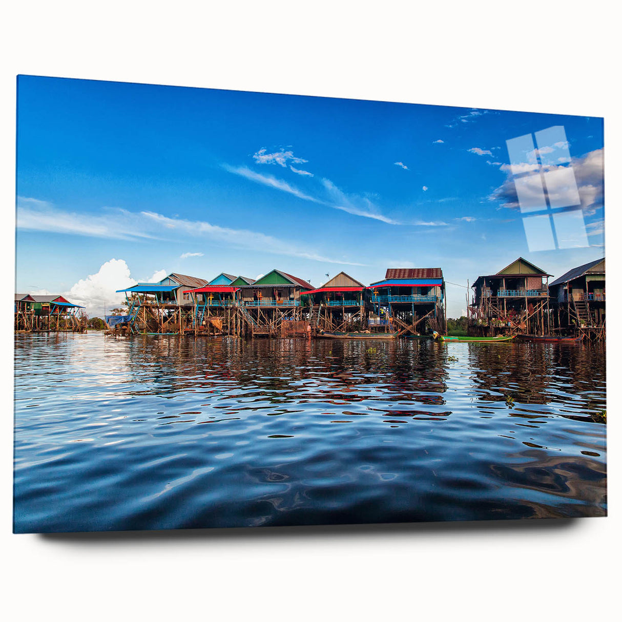 Large abstract wall art depicting a Cambodian landscape in muted earth tones on acrylic glass.
