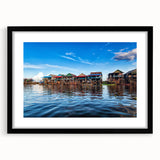 Extra large, textured abstract art print depicting vibrant, colorful Cambodian scenery on a framed black mat.