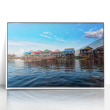 Art deco poster of Cambodian scenery in muted hues on framed acrylic, ideal for nursery wall art.