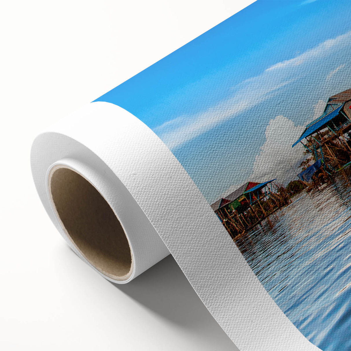 Art Deco poster of a serene Cambodian landscape in muted green and blue tones on rolled canvas.