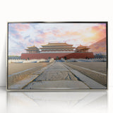 Mid-century modernist art depicting Beijing skyline in muted silver and gray tones on framed acrylic.