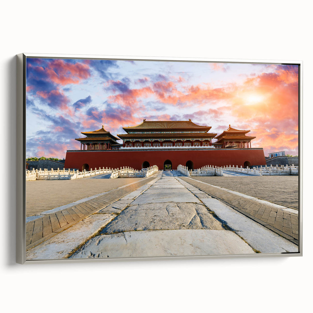 Framed canvas depicting a vintage-style Beijing landscape in colorful art tones, ideal for enhancing a living room or study.