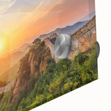 Large abstract depiction of the Great Wall of China in muted earth tones on acrylic glass, suitable for dining room art.