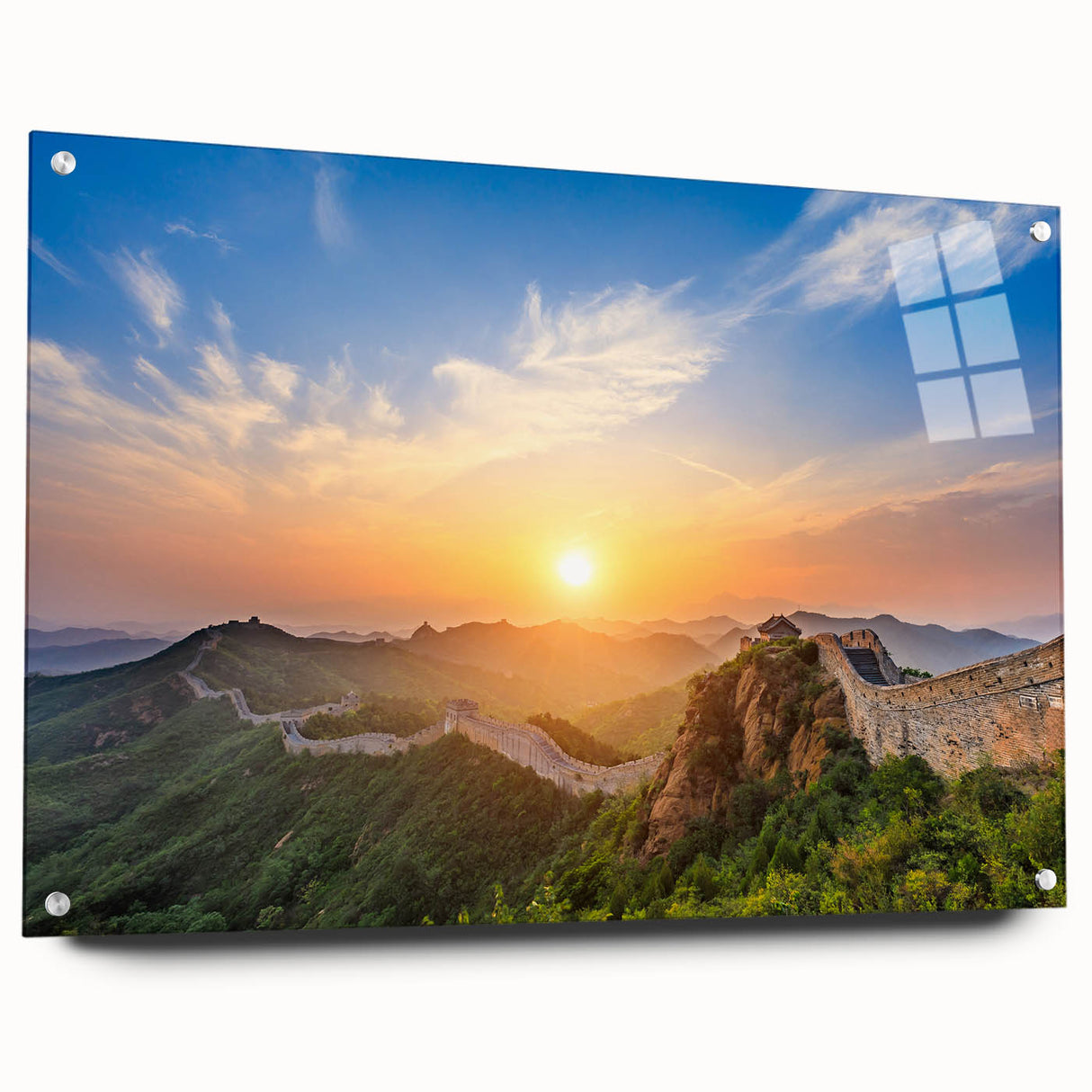 Acrylic print of the Great Wall of China in muted earth tones, ideal for dining room art.