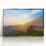 Mid-century modernist art of the Great Wall of China in muted earth tones on a framed acrylic print.