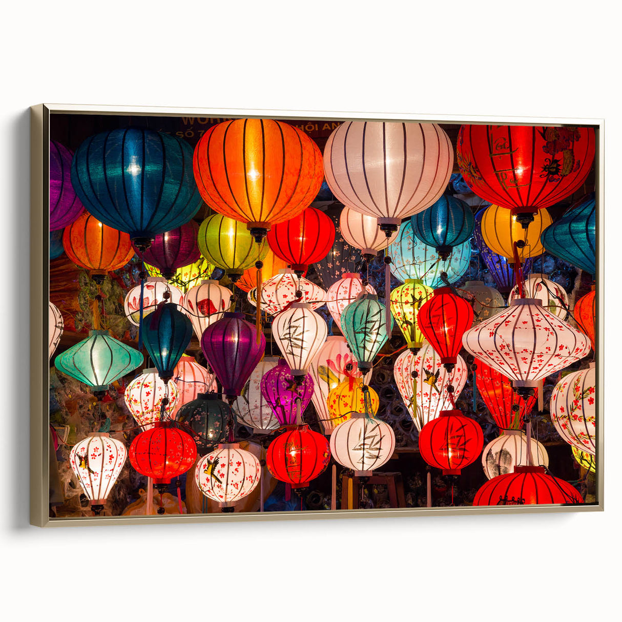 Framed canvas featuring a vintage-style Shanghai landscape in black and gold tones, ideal for bedroom wall art.