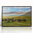 Large abstract wall art depicting a Tibetan landscape in muted earth tones on a framed acrylic.