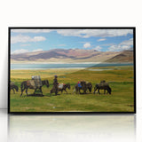 Large abstract wall art depicting a Tibetan landscape in muted earth tones on a framed acrylic.
