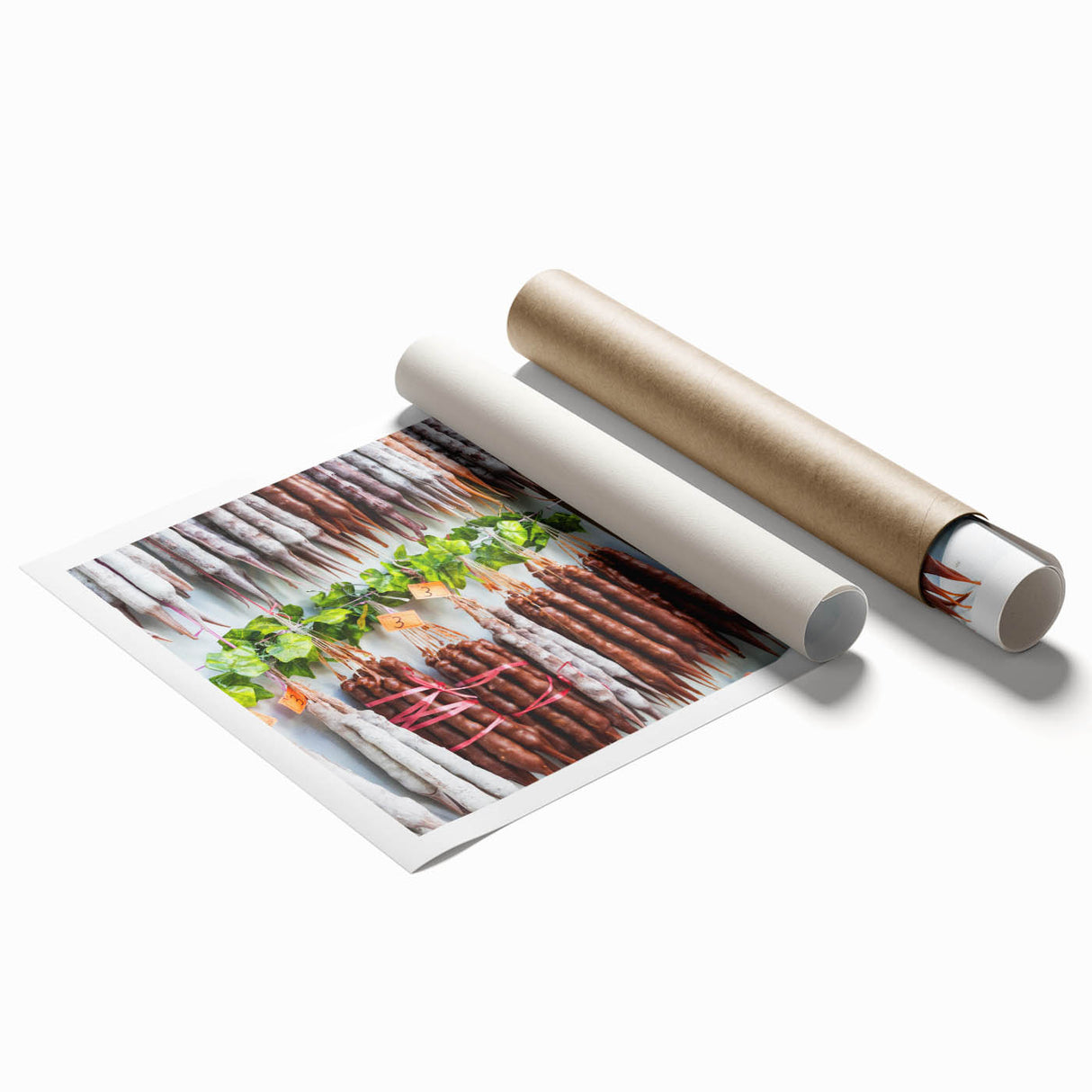 Extra large rolled print of Asian-inspired floral art in muted earth tones, ideal for classy bathroom wall art.