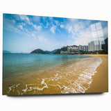 Large abstract wall art of Hong Kong skyline in muted gray and blue tones on acrylic glass.