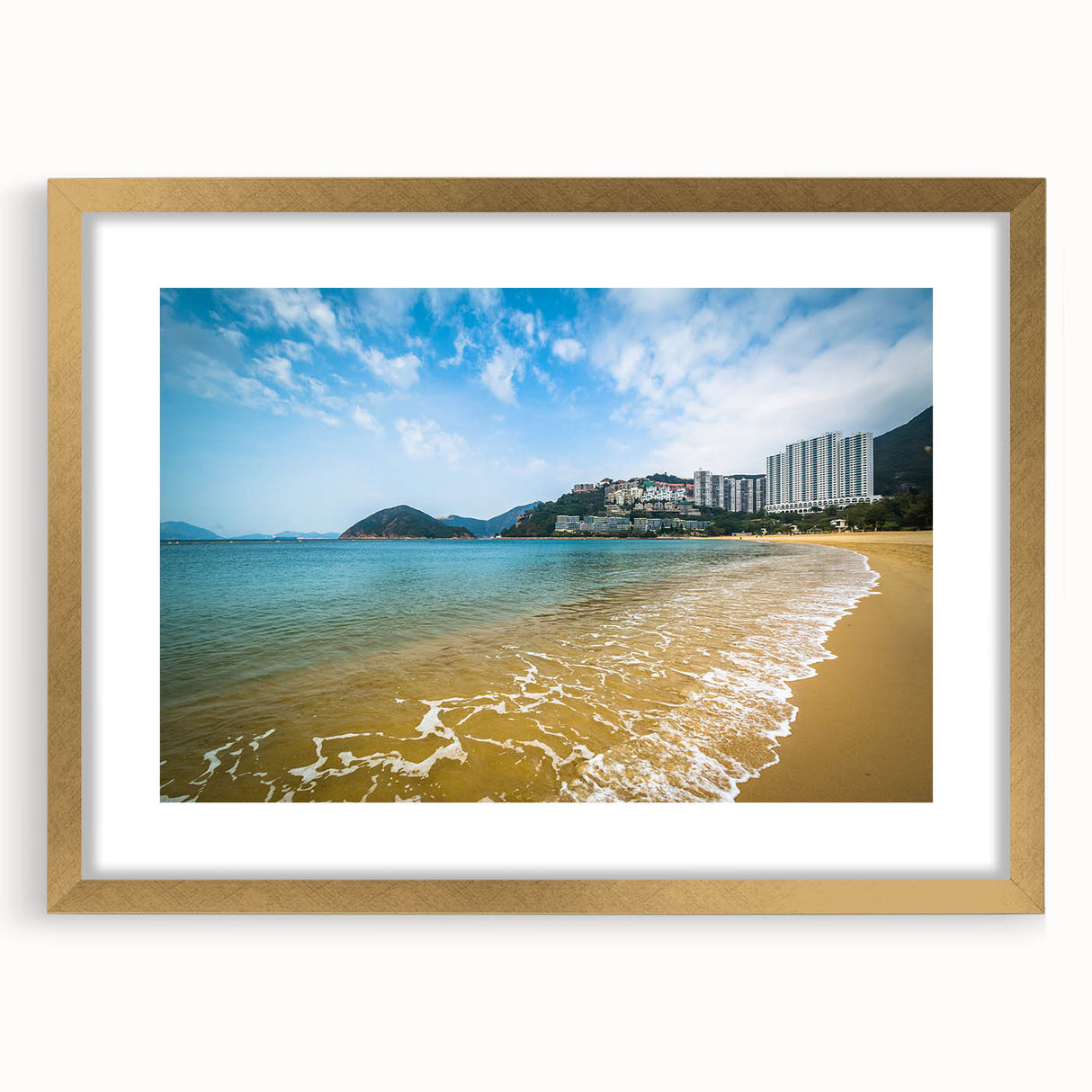Extra large abstract art print of Hong Kong skyline in gold frame, featuring textured details and vibrant hues.