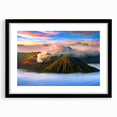 Colorful abstract art print of Indonesian scenery in vibrant hues on a textured, extra large canvas, framed in black.