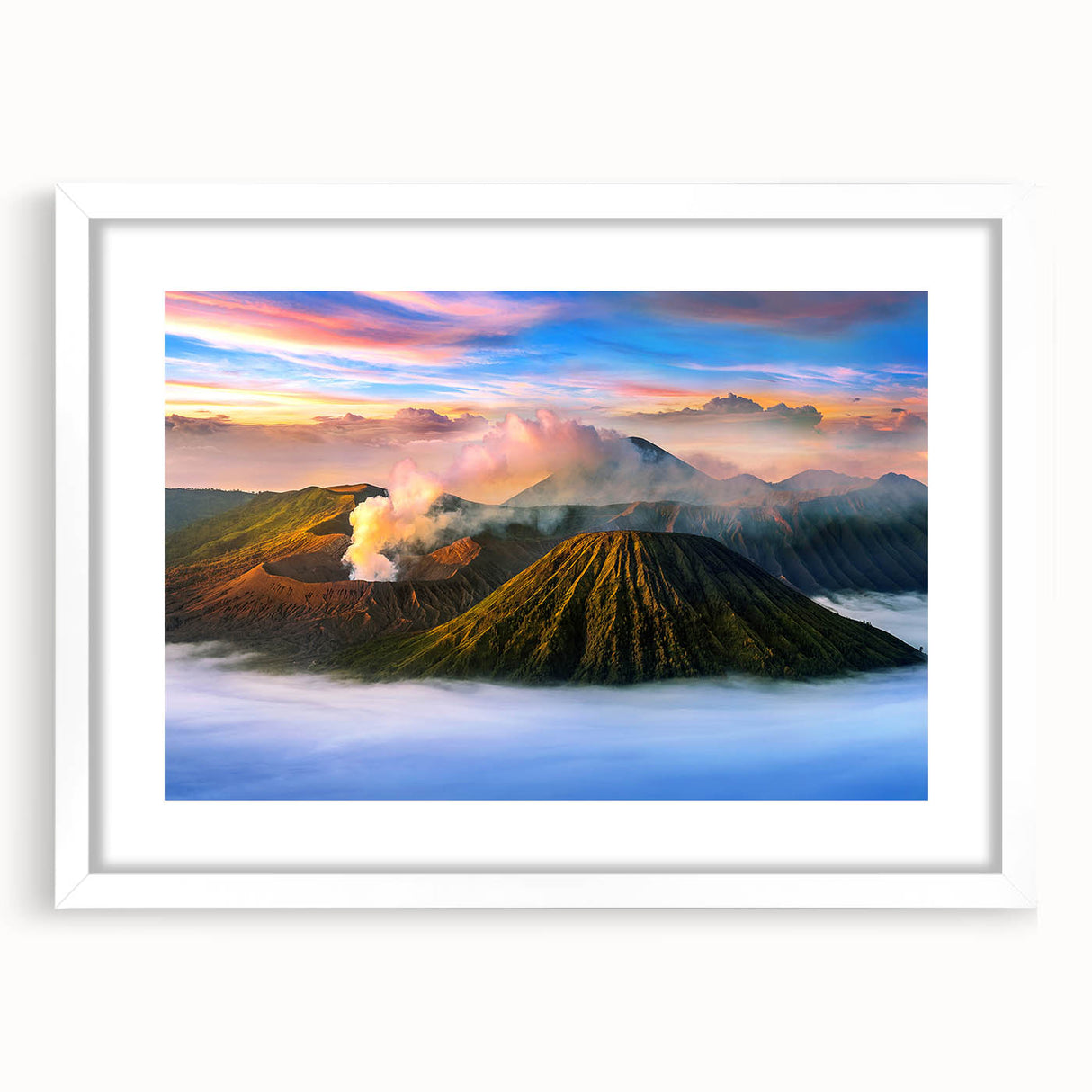 Abstract art print of an Indonesian landscape in muted earth tones on a white-framed canvas, suitable for dining room decor.