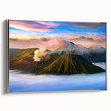 Framed canvas depicting a vintage-style Indonesian landscape in vibrant, colorful art tones.