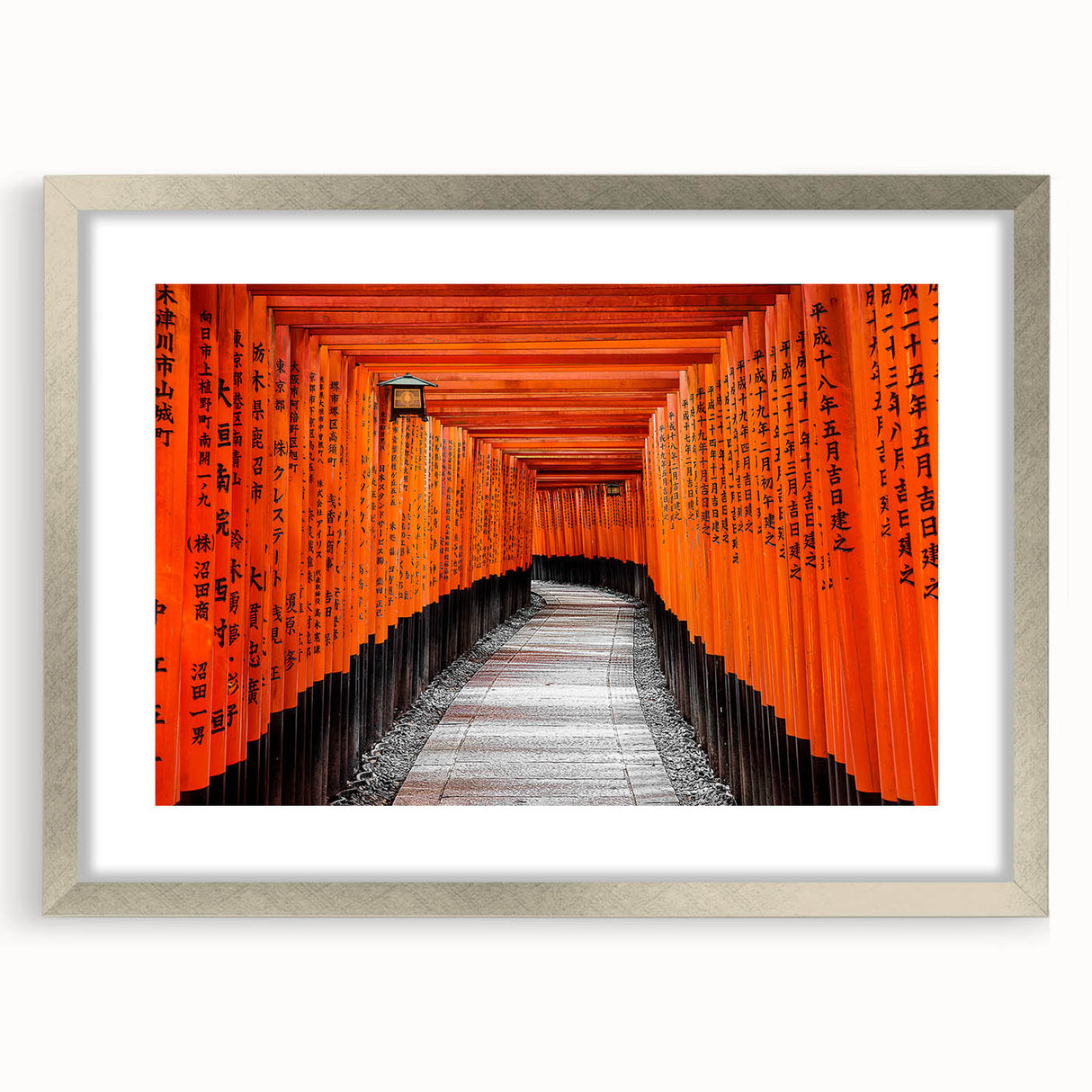 Textured art of a serene Kyoto landscape in muted greens and blues, framed with a silver mat, suitable for bedroom decor.