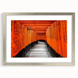 Textured art of a serene Kyoto landscape in muted greens and blues, framed with a silver mat, suitable for bedroom decor.