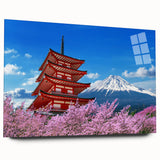 Large abstract depiction of Mount Fuji in muted blues and whites on an acrylic print.