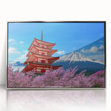 Mid-century modernist art depicting Mount Fuji in muted blue tones on a framed acrylic, ideal for modern art wall decor.
