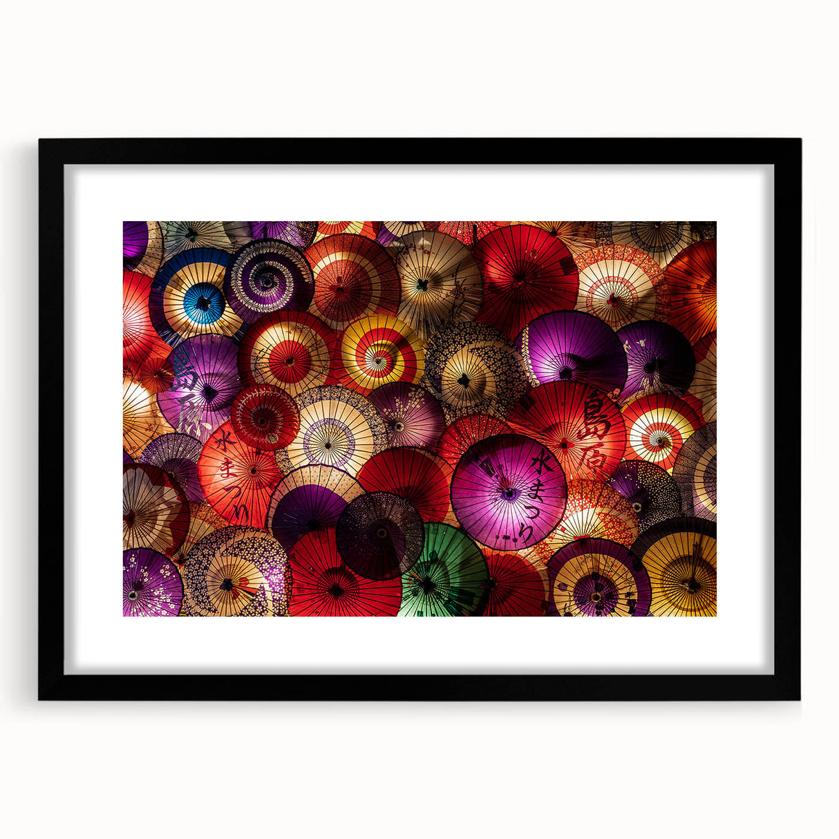 Extra large abstract art print of a colorful, textured Japanese scenery on a black-framed canvas.