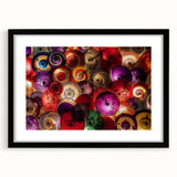Extra large abstract art print of a colorful, textured Japanese scenery on a black-framed canvas.