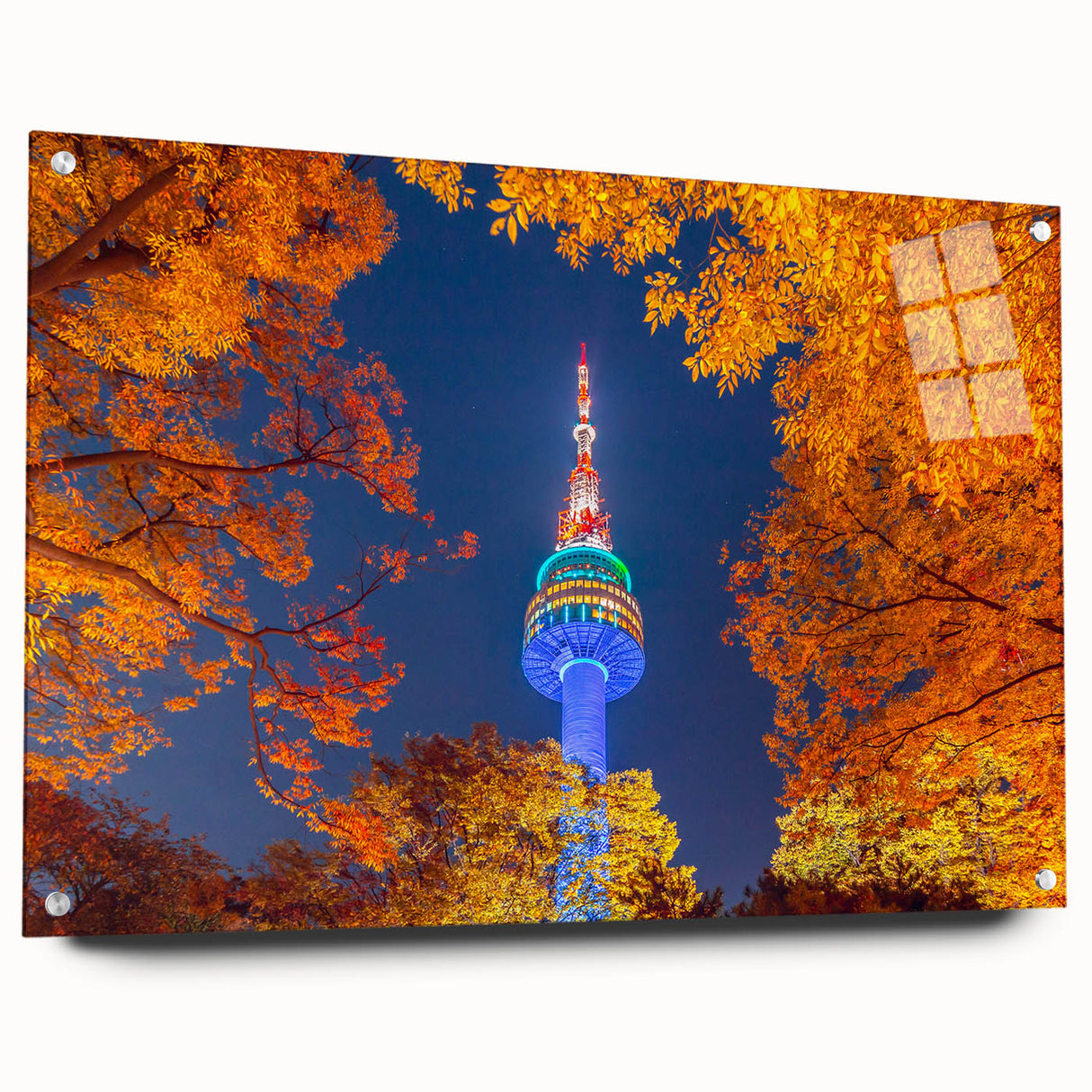 Acrylic print of Seoul skyline in muted pastel shades, ideal for modern bedroom or dining room decor.