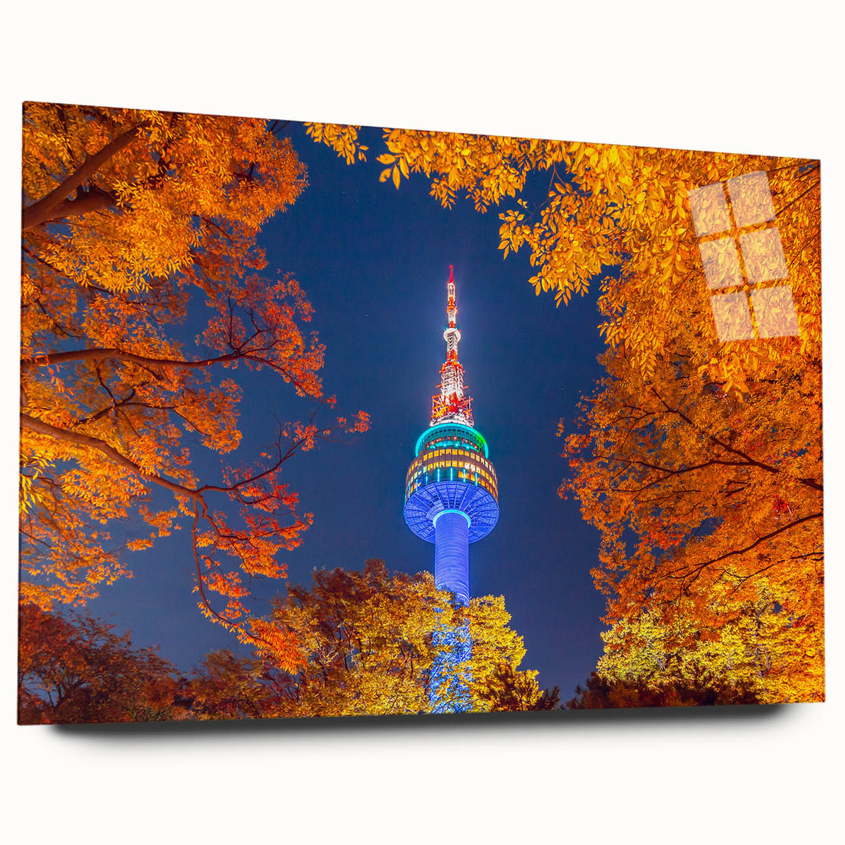 Large abstract wall art of Seoul's cityscape in muted gray tones on acrylic glass, ideal for bedroom or dining room decor.