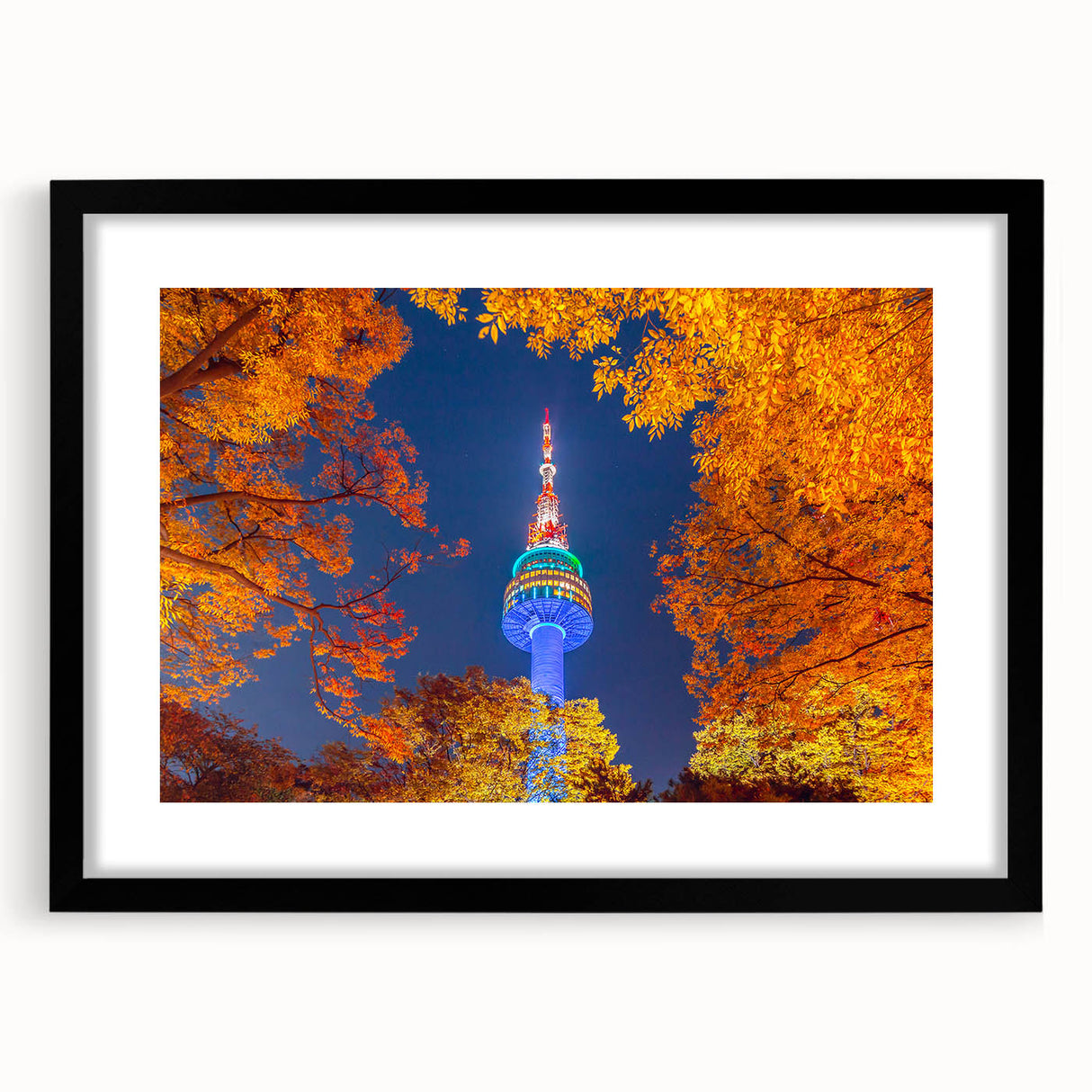Extra large, textured abstract art print depicting colorful, stylized Seoul skyline on a black framed canvas.
