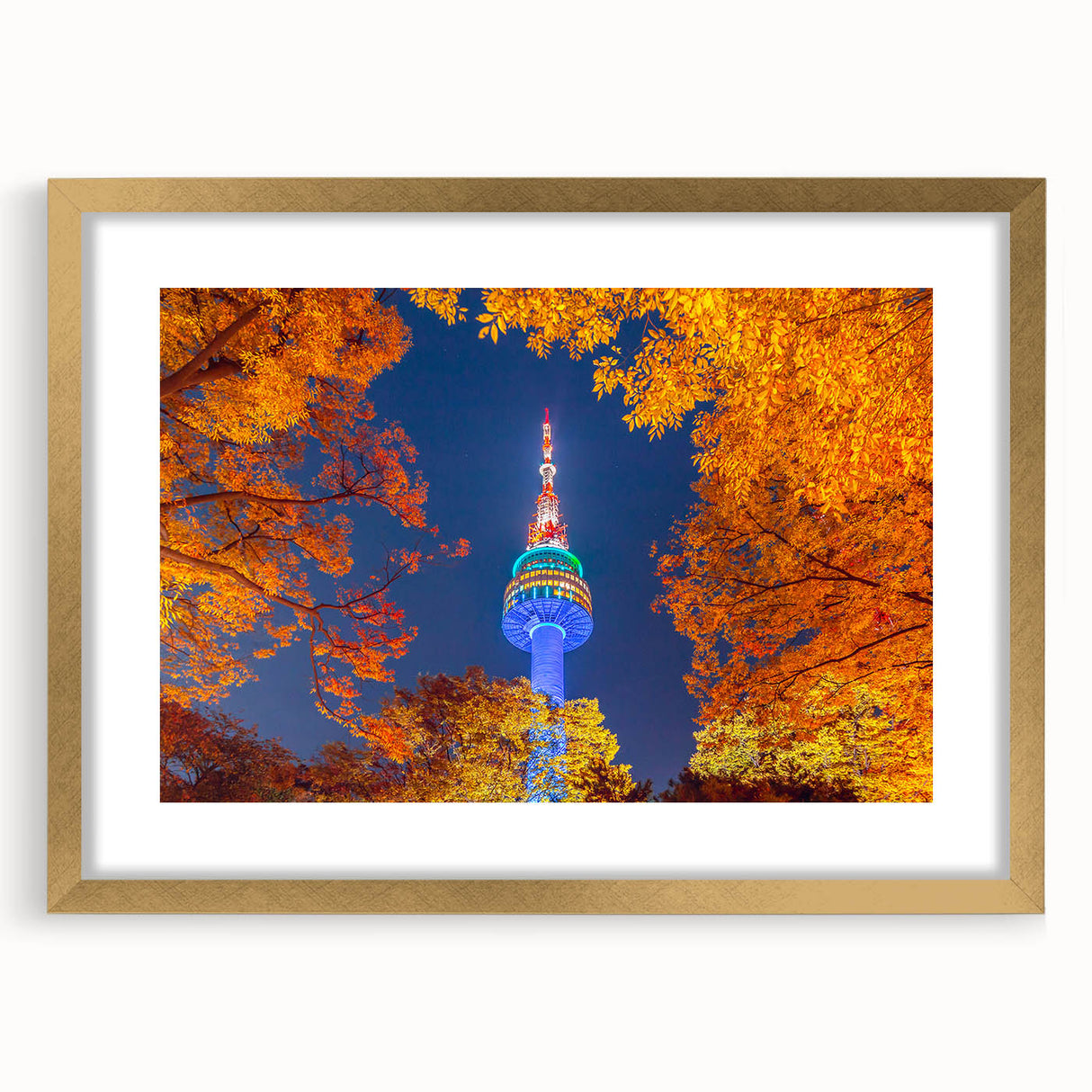 Extra large abstract art print of Seoul's skyline in textured gold tones on a framed canvas, ideal for living room decor.