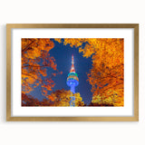 Extra large abstract art print of Seoul's skyline in textured gold tones on a framed canvas, ideal for living room decor.