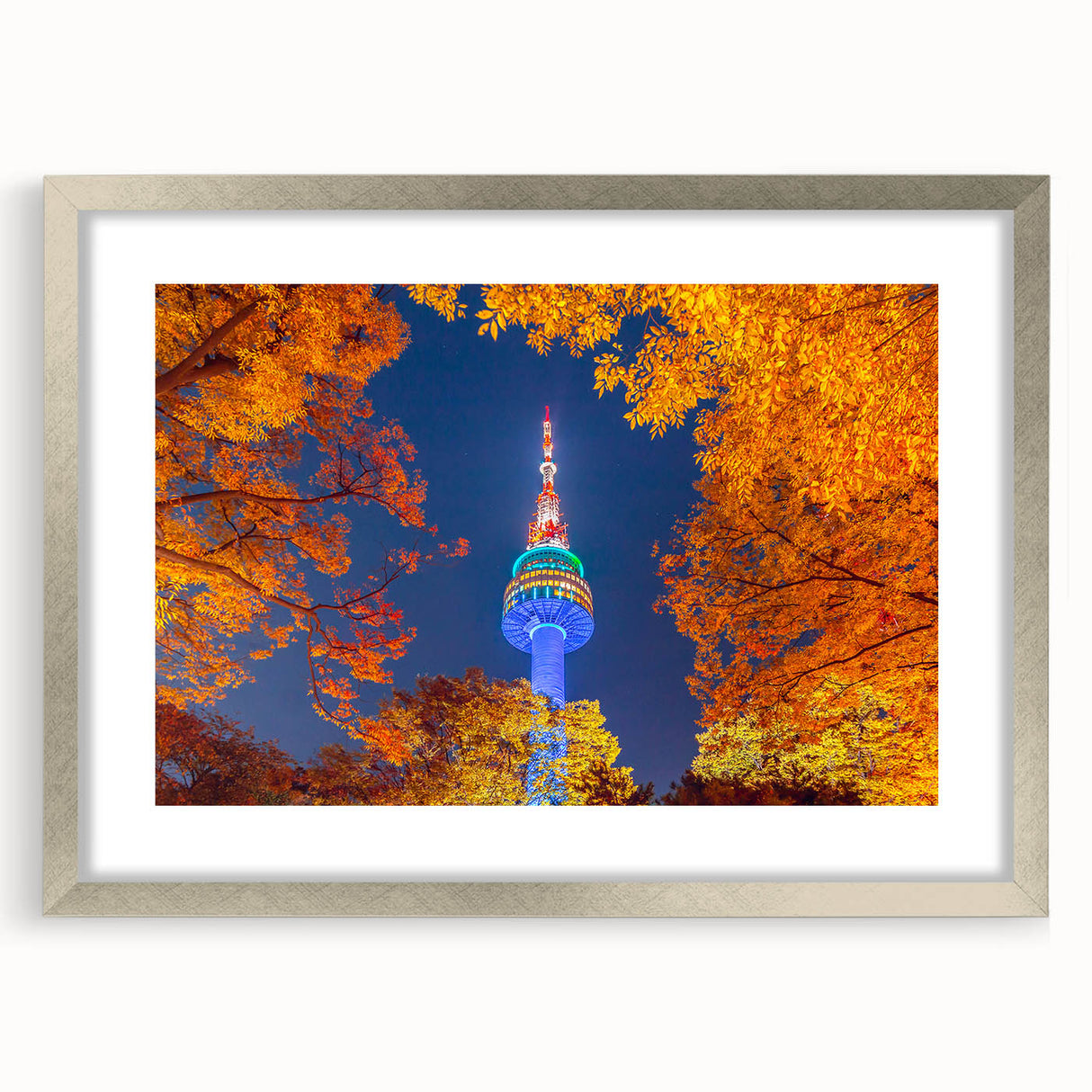 Textured art print depicting an abstract Seoul cityscape in muted gray and blue tones, framed in silver.