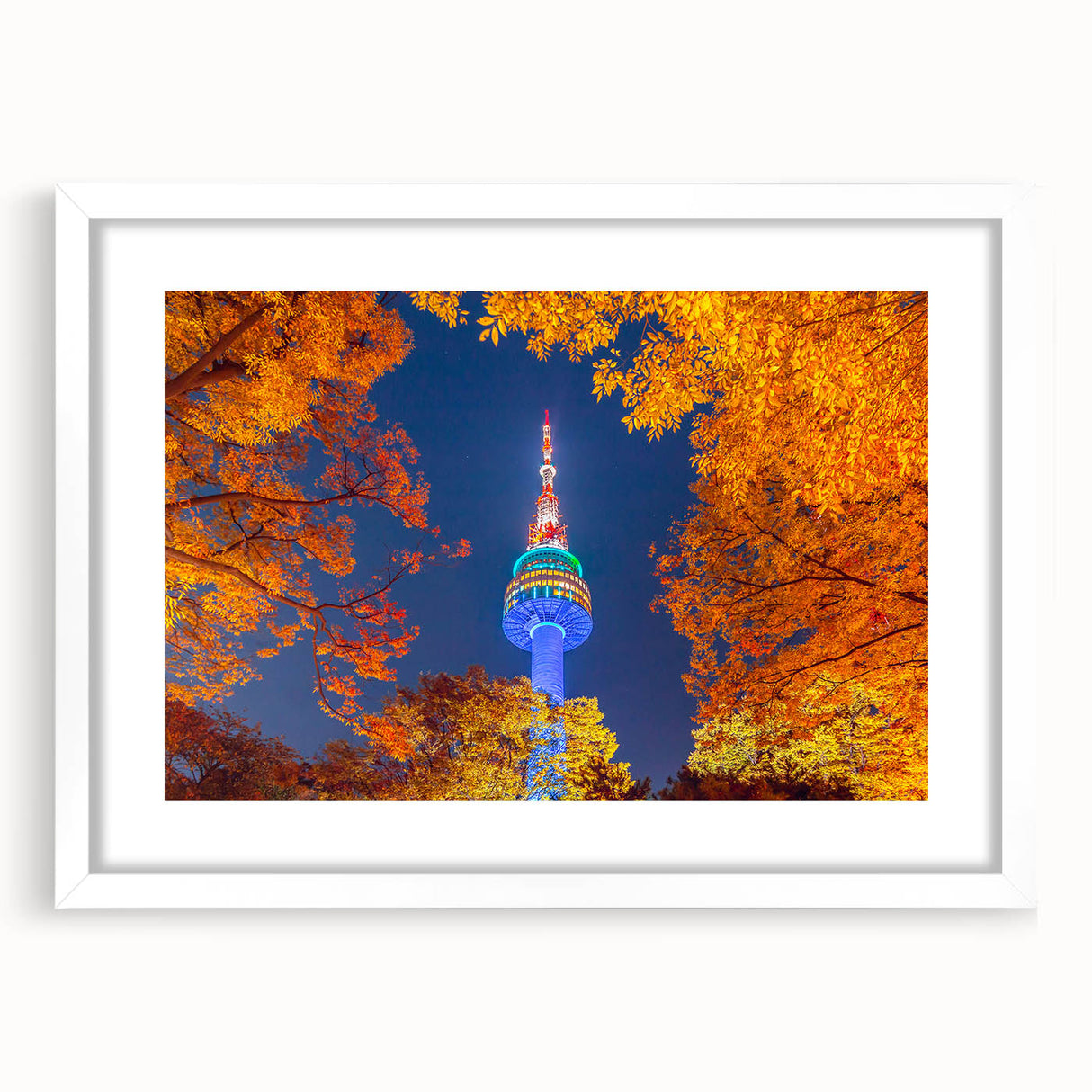 Abstract art print of Seoul cityscape in muted gray and blue tones on a framed white matte, ideal for dining room decor.