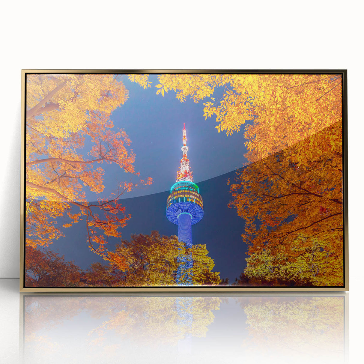 Large art print of Seoul skyline in gold and black tones on framed acrylic, ideal for modern art wall decor.