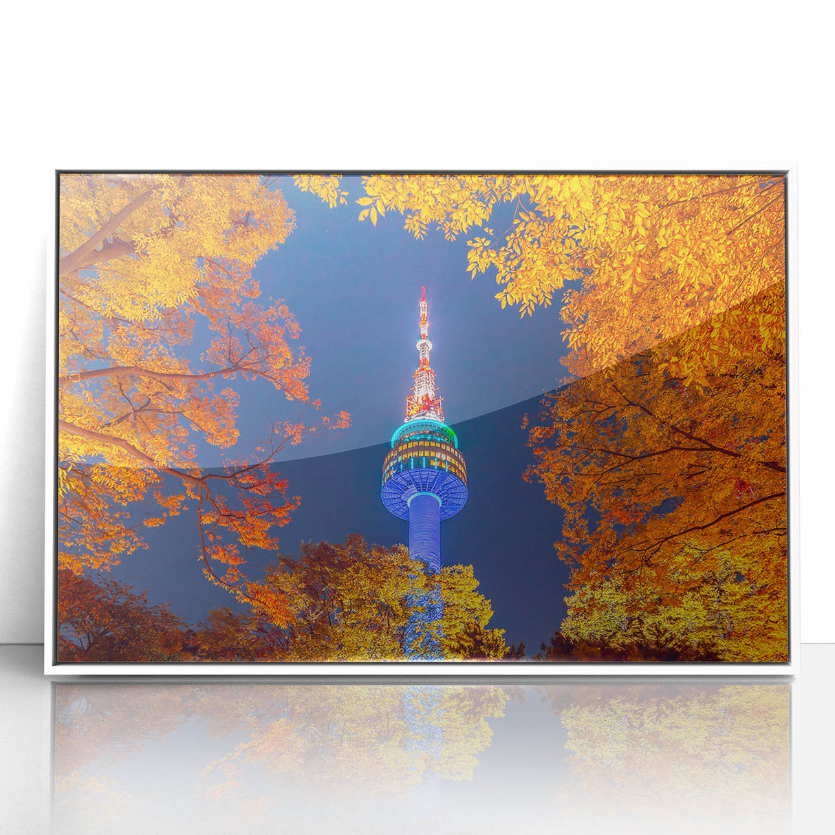 Art Deco poster of Seoul skyline in muted gray and blue tones on framed acrylic, ideal for modern bedroom ambiance.
