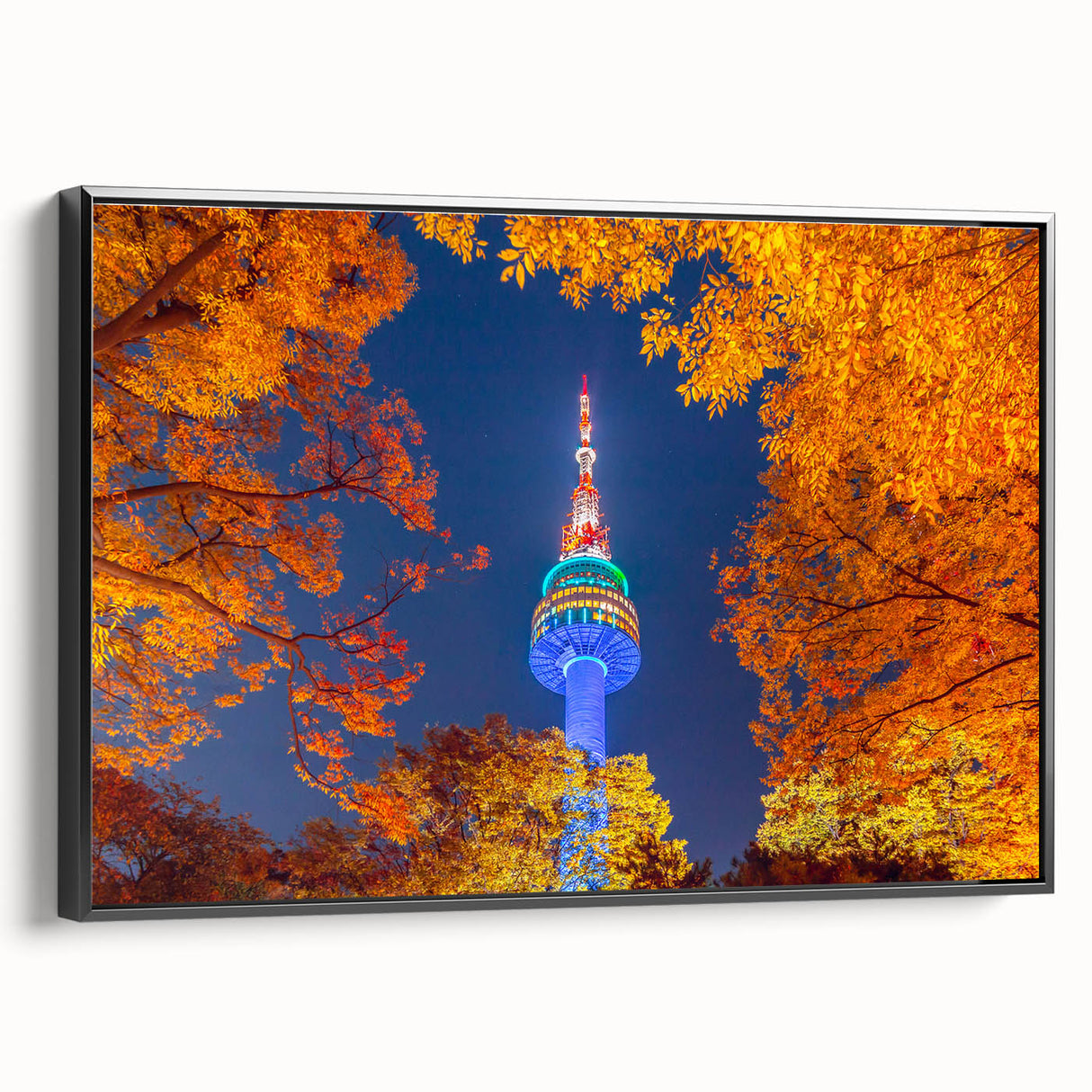 Black and white wall art featuring a vintage poster-style landscape of Seoul, ideal for bedroom decor, on framed canvas.